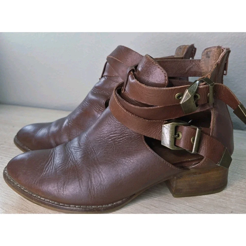 Jeffrey Campbell Everly Ibiza Leather Cutout Ankle Boots Womens‎ 6.5 Brown Boho